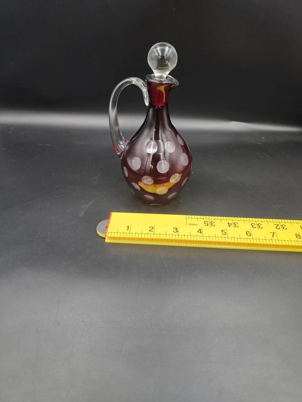 Handcrafted Ruby Red Polka Dot Glass Cruet with Clear Handle and Stopper